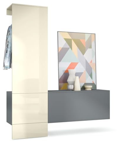 Vladon Garderobe Carlton Set 4, Made in Germany, Wandgarderobe aus Deko-Paneel & Hängeschrank für Schuhe, Anthrazit matt/Creme Hochglanz (156,5 x 193 x 35 cm)