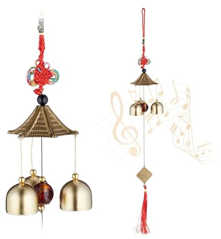 Relaxdays Windspiel 2er Set, Metall Glockenspiel, draußen & drinnen, Garten Klangspiel, hängend, Feng Shui, Gold/rot