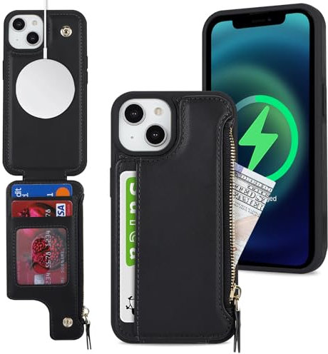 SailorTech iPhone 13 Etui mit Kartenhalter, iPhone 13 Hülle mit Reißverschluss Kartenfach Geldbörse für iPhone 13 Handyhülle Lederhülle - Schwarz