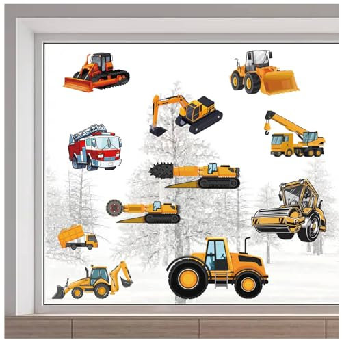 GORGECRAFT 116x38 cm Große Wandaufkleber Mit Baufahrzeugen Doppelseitige LKW-Fensteraufkleber Bagger-Fensteraufkleber Nicht Klebende Statische Vinylfolie Für Glas Verhindert Vogelschlag