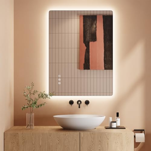 Dripex LED Bathroom Mirror with Lights, 600 * 800 MM Light up Backlit Mirror Bathroom Anti Fog Illuminated Mirrors Dimmable Switch with 3 Colors,Horizontal/Vertical