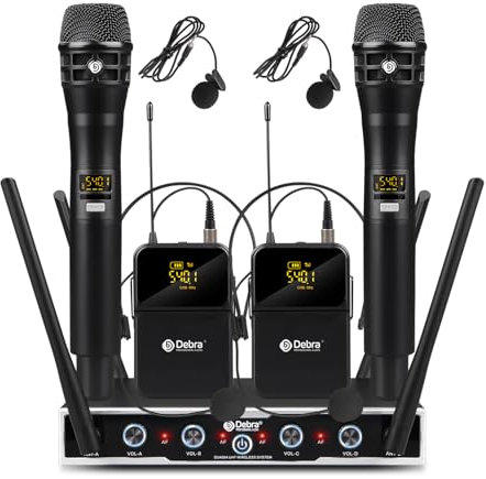 Micrófono inalámbrico profesional DU4004 UHF – Sistema de 4 canales con 16 frecuencias ajustables y pantalla – 2 micrófonos de mano y 2 lavalier para discursos y fiestas