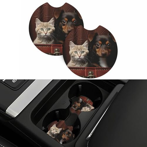 Auto-Getränkehalter, 2 Stück, Auto-Untersetzer mit einer Fingerkerbe, Katze und Hund sitzend in Ledertasche, Getränkehalter, rutschfest, Auto-Innenzubehör, runder Auto-Getränkeuntersetzer für die
