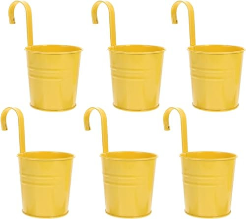 Wensmy 6Pcs Metal Iron Flower Pot Vase Hanging Balcony Fence Planters with Hooks Garden Hanging Flower Holder with Drainage Hole for Railing Fence Balcony (6Pcs Yellow)