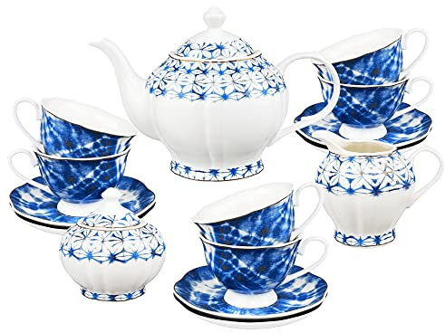 Service à thé, service à thé en porcelaine ancienne Vintage de 21 pièces, service à café à motif papillon coloré, service à thé de l'après-midi for 6 personnes (Color : Blue)