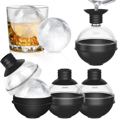 Cubiteras para Hielo Grande, 4 Piezas Cubitera Silicona con Tapa de Embudo 2 en 1, Moldes de Cubitos de Hielo Redondos sin BPA Apilables Cubitera Hielo Ice Cube Tray para Cócteles, Whisky