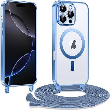 Kokio Funda para iPhone 16 Pro 6,3 Pulgadas con Cuerda, Compatible con Magsafe, Carcasa Transparente TPU Suave Silicona Case con Correa Colgante Ajustable Collar Correa de Cuello Cadena Cordón, Azul