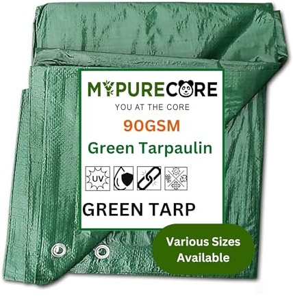 MYPURECORE Green Tarpaulin – Heavy Duty, Waterproof Cover Plastic Tarp – Durable Sheet for Garden, Caravan, Camping, Outdoor – UV, Dust, Rain, Ground Sheets for Camping (6m x 8m)