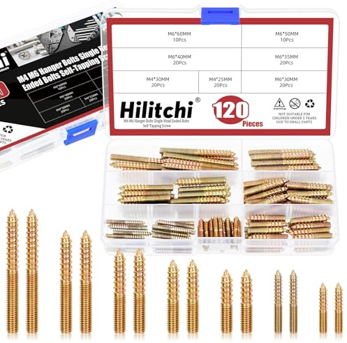 Hilitchi 120Pcs 7Sizes M4 M6 Double Headed Hanger Bolts Carbon Steel Self-Tapping Wood Dowel Screws Colored Zinc Plating For Furniture