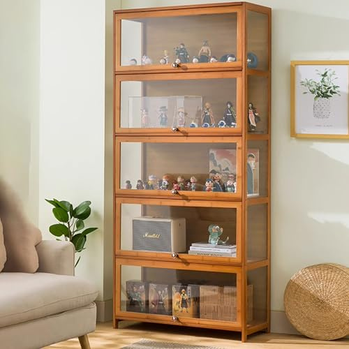 Witriolik Vitrinenschrank High Große Vitrine Wohnzimmerschrank Vitrinenschrank Bücherschrank Mehzweckschrank Vitrine Natürlicher Bambus+Acryl viel Stauraum Modern Vintage für Büro Wohnzimmer