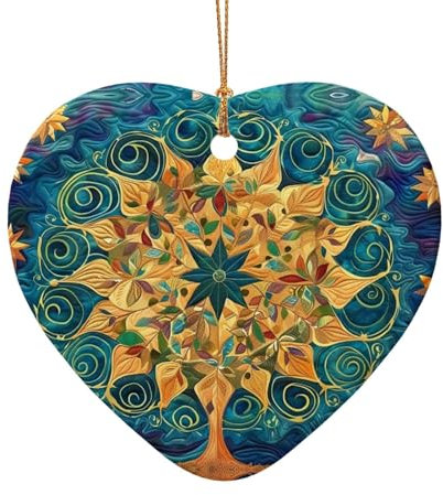 Ciondolo natalizio a forma di albero della vita, in ceramica, double-face, per artigianato, ornamento natalizio con cordoncino dorato