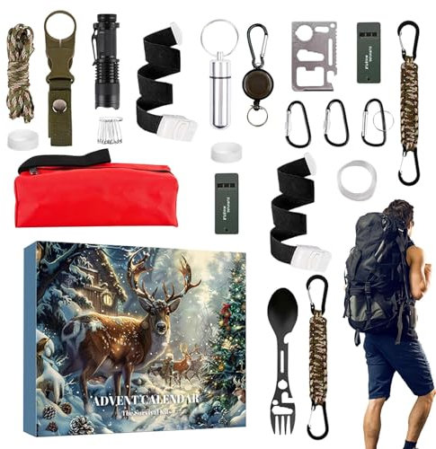 Survival Kit Adventskalender 2024 Männer, Survival Tools Weihnachten Adventskalender, 24 Tage Weihnachten Countdown Kalender, Weihnachten Survival Tool Kit Adventskalender