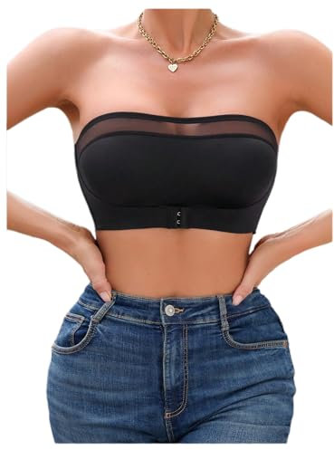 GORGLITTER Women's Mesh Wireless Front Fastening Bras Sexy Strapless Sheer Comfy Bandeau Bras Black X-Large