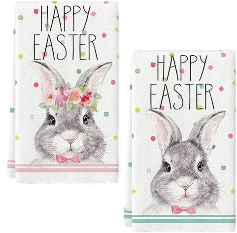 DIELIANHUA 2 PCS Happy Easter Geschirrtücher, Happy Easter Geschirrtuch, 43 * 66CM Easter Geschirrtücher, Baumwolle Easter Geschirrhandtücher, Perfekt Als Osterdekoration für Zu Hause/A