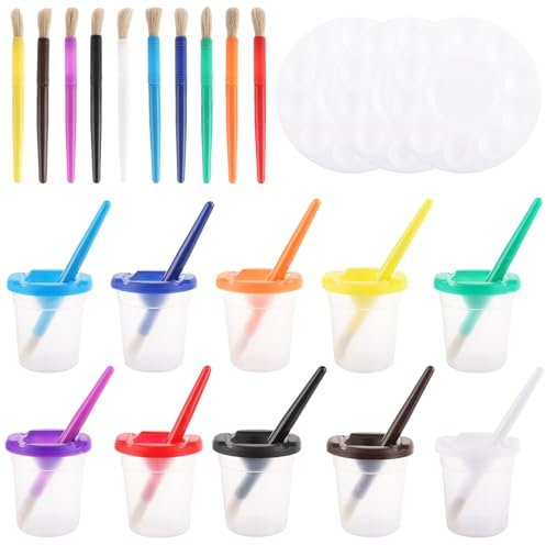 AKOLAFE 20PCS Paint Brushes in 10 Colors, 10PCS Assorted Colored Anti Spill Paint Pots with Lids and 3 Colour Palettes, Paint Cups with Brushes Toddler Paint Brushes Painting Set for Toddler Painting