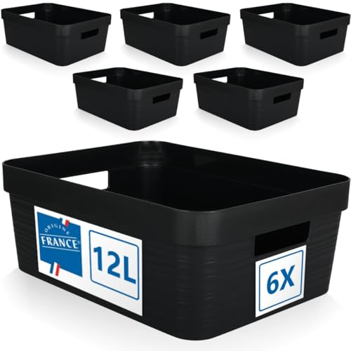 Stimo 6er Set Aufbewahrungsbox 12L Aufbewahrungskorb Kunststoff Ordnungsbox mit Griffen für Badezimmer Regal Organizer Box (Schwarz, 6er Set 12L)
