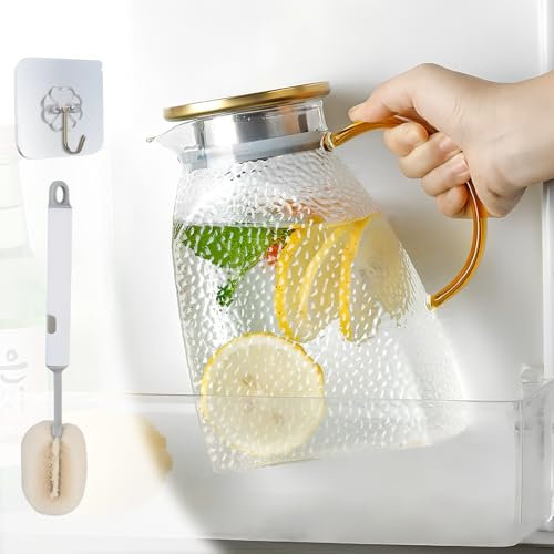 1,8L/63 oz Brocca di Vetro per Acqua, Brocca per Acqua in VEtro Borosilicato Alto, Brocca d'Acqua in VEtro per Tè Freddo, Caraffa di VETro per Acqua per Porta del Frigorifero (Modello di Martello)