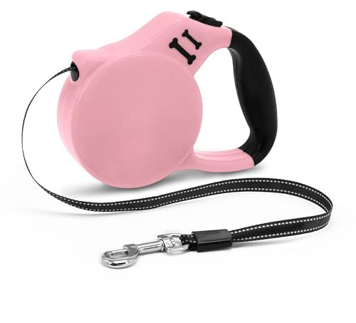AIITLE 5 m robuste einziehbare Hundeleine für kleine Hunde, reflektierendes Nylonband, sofortige Verriegelung und Bremse, ergonomischer Anti-Rutsch-Griff – 15 kg-Grenze, Rosa