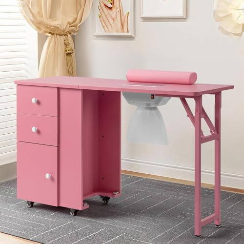 Winado Foldable Manicure Table for Nail Tech, Nail Desk Station Makeup Beauty Salon Storage Acetone Resistant w/Electric Dust Collector, Lockable Wheels, Wrist Cushion, Drawers & Cabinet, Pink