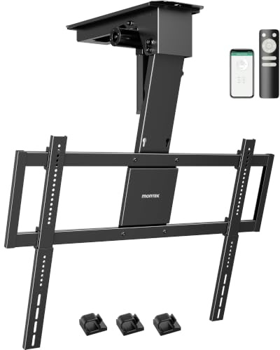 monTEK Motorised TV Ceiling Mount from 43-86 Inches, Heavy Duty up to 55 kg, Compatible with Off-Centre VESA, Remote Control/App/Voice Control, Suitable for Flat and Tilted Roofs