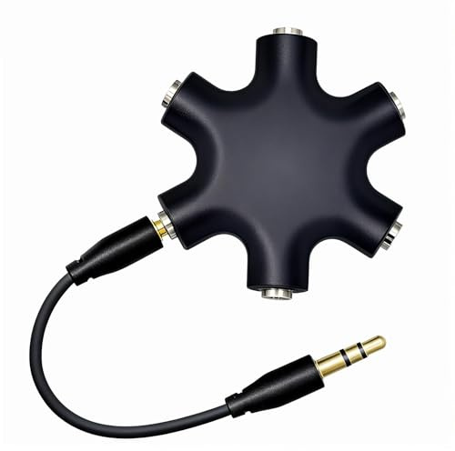 JCSJK Divisor de Auriculares 5 Vías 6 Puertos con Cable Jack de 3,5 mm, Macho a Hembra Estéreo Adaptador para Mezcla Compartir Música, Audio Splitter Compatible con iPhone Samsung (Negro)