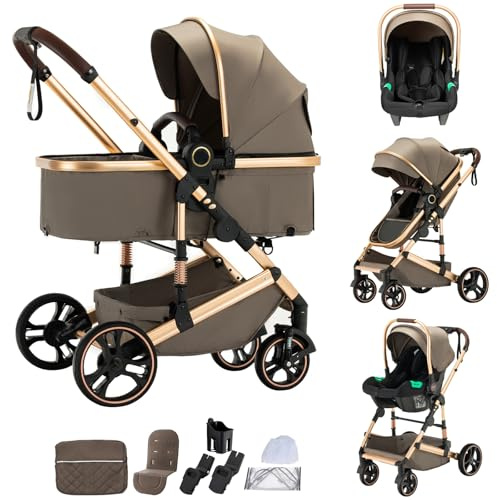 Mobayta kinderwagen 3 in 1 Kombikinderwagen für Neugeborene robustes leichtes Aluminiumgestell geeignet bis 22KG hochgestellter Kinderwagen vielseitig und praktisch Buggys (H2-Brown, H9)