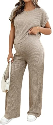 BLENCOT Maternity Clothes Lounge Sets 2 Piece Outfits Matching Short Sleeve Top Adjustable Long Pants Pregnancy Summer Loungewear Pajamas Sets Brown M