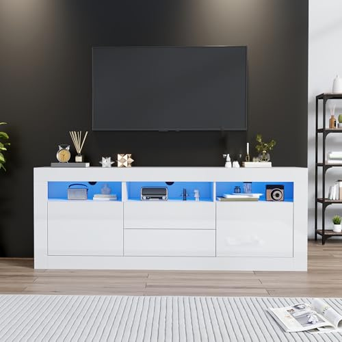 XQJLSL Hochglanz TV-Schrank mit 2 Türen 2 Schubladen 3 Offene Regale Kommode mit LED Smart App Steuerung Lowboard für 70 Zoll Fernseher TV Möbel Tisch für Wohnzimmer Weiß