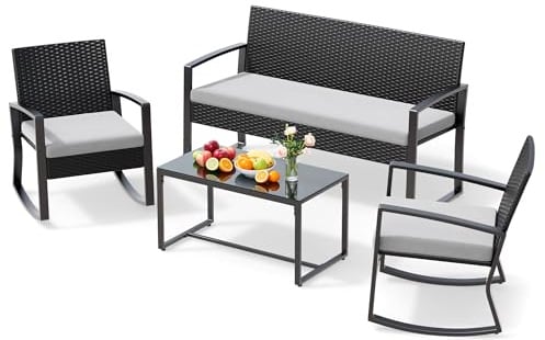 Xbro Rattan Gartenmöbel Set für 4 Personen, Balkonmöbel Lounge mit 2 Schaukelstühlen, Doppelsessel & Glastisch, inkl. Sitzkissen, wetterfest für Garten, Terrasse, Veranda & Pool, Grau