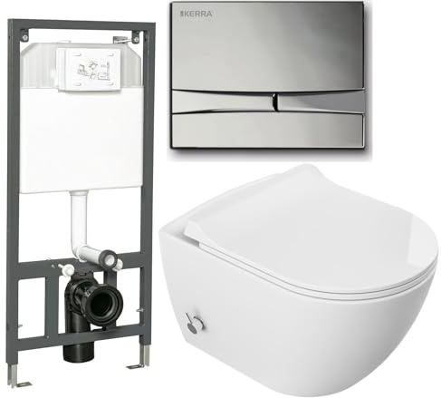 Wall-Hung Bidet Toilet Set: Rimless Bowl with Integrated Hot/Cold Mixer, Slim Soft-Close Duroplast Seat, Slim Concealed Frame, and Chrome Flush Button