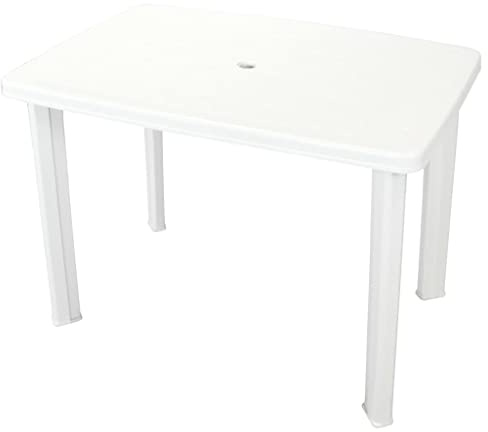 KGHFDVB Table de jardin blanche 101 x 68 x 72 cm, table de jardin en plastique avec trou de parasol, résistante aux intempéries et facile d'entretien, idéale pour le jardin, la cour et le camping