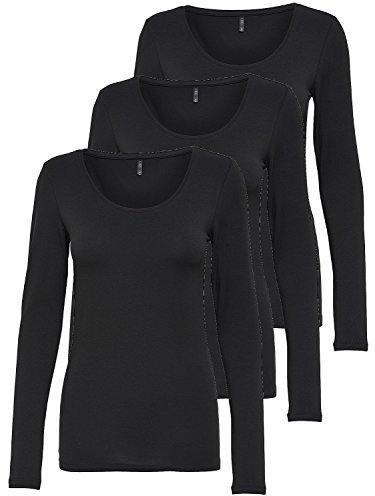 ONLY 3er Pack Damen Langarmshirt schwarz und weiß Langarm Basic Longsleeve Sommer aus 95% Baumwolle XS S M L XL 15209156
