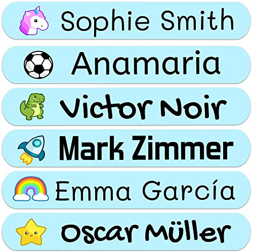 50 Personalisierte Namensaufkleber für Kinder. Klebeetiketten zum Beschriften von Schule, Kindergarten, Büchern, Spielzeug, Tupper. Wasserdichte Etiketten 6x1 cm