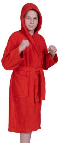 Adore Home Kid's 100% Cotton Terry Towelling Hooded Shawl Collar Bathrobe (Age 12-13, Red)
