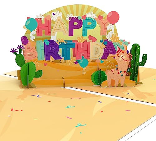 LIMAH® Pop Up 3D Geburtstagskarte für Kinder Happy Birthday. Geschnekkarte mit Alpakas für Jungen und Mädchen. Einladungskarte zur Geburtstagsfeier/-party. Gutscheinkarte für Kinder