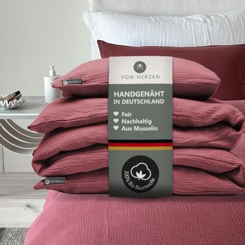 von Herzen Musselin Bettwäsche I weiche Bettwäsche I 100% Baumwolle I Bezug für Bettdecke + Kissen I Bettwäscheset mit Reißverschluss für Erwachsene I handgenäht I Rosa 135x200 & 80x80