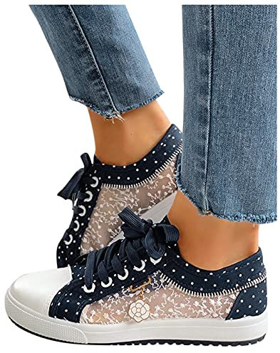 Dasongff Damen Laufschuhe Bestickte Sneaker Spitze Atmungsaktive Blumenmuster Mesh Hohle Freizeitschuhe Schnürschuhe Outdoorschuhe Leicht Sportlich Schuhe Wanderhalbschuhe 01