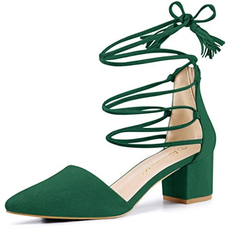 Allegra K Women's Pointed Toe Block Heels Lace Up Court Shoes Emerald Green 4 UK/Label Size 6 US