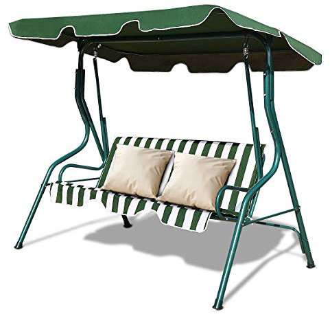 Multigot 3 Seater Canopy Swing Chair, Outdoor Hammock Swinging Lounger Seat with Sun Cover, Garden Swing Cushioned Seat Bench for Patio, Poolside and Balcony(Oxford Seat, Green+White)