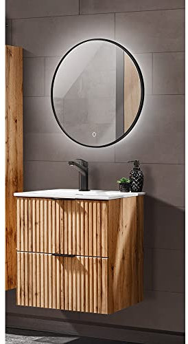 Lomadox Badezimmermöbel Set, Wotaneiche Rillenoptik, 60 cm Waschtisch mit Unterschrank, Keramik Waschbecken, LED-Spiegel, B/H/T 61/200/46 cm