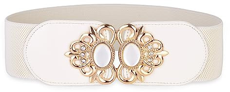 BlackButterfly Dehnbar Vintage Weit Waspie Elastisch Perle Schnalle Taille Gürtel (Beige, L)