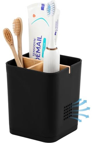 Heagoale Zahnbürstenhalter Drainage für Badezimmer, 3 Fächer, Bambus-Trennwände, Schwarz, Polypropylen Bambus, 8.9 cm x 8.9 cm x 17 cm