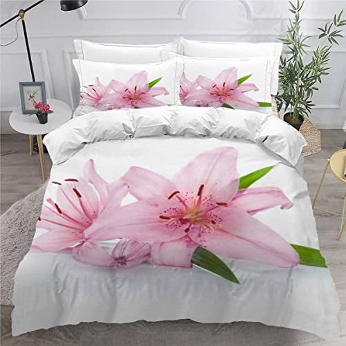 AKATIE Housse de Couette 220x240 Ado Adulte Parure de Lit Lys Roses Fleurs Housse de Couette en Microfibre Hypoallergique Ensemble de Literie avec 2 Taies d'oreiller