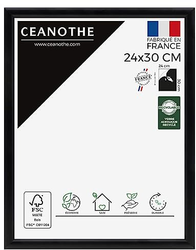 Ceanothe Cadre Photo 24x30 cm en Bois Noir, Pour Exposition et Idéal pour Diplôme Certificat et A4, Collection Essentiel Verre acrylique Incassable Fabriqué en France