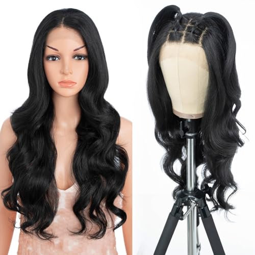 Style Icon Perücke Lace Front Wig Human Hair Quality Long Wavy Curly Synthetic Hair Wigs for Women 26 inches Heat Resistant Fiber 150% Density (13? Lace 26 Inch, 1B)