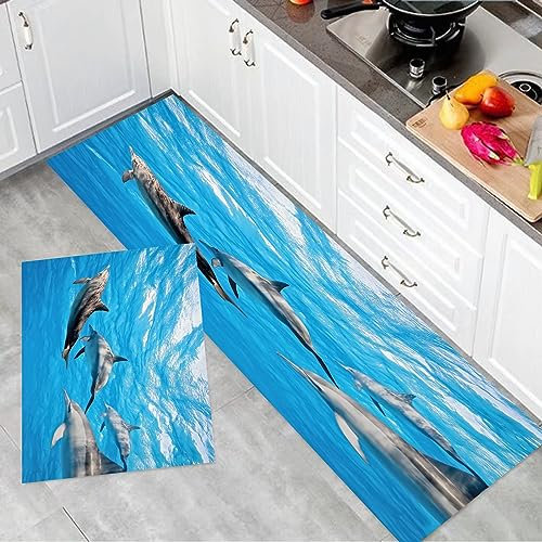 Kitchen Rug Sets Non Slip Kitchen Floor Carpet Mats,Dolphin,Underwater Photography of Dolphins Happily Swimming Ocean Ani,Machine Washable Floor Rug for Laundry Room Entryway Kitchen(45x70cm+45x120cm)