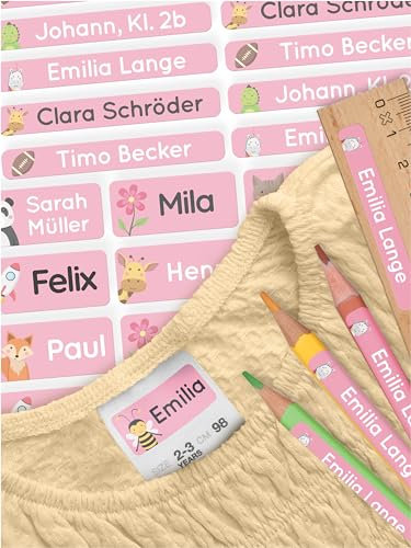 melu kids® Namensaufkleber Set Kinder für Schule Stifte - Kleidung & Gegenstände (70 Sticker) - Personalisierte wasserfeste Aufkleber in verschiedenen Größen (rosa)