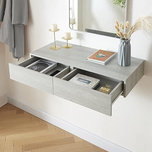 [en.casa] Wandregal Karstula Nachttisch hängend mit 2 Schubladen Nachtschrank Wandmontage Hängeregal 80 x 35 x 12 cm Schweberegal Betonoptik