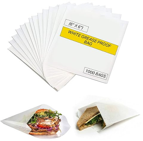 [1000 Pack] Greaseproof White Paper Bags for Food - (6'' x 6'') Eco-Friendly & Biodegradable White Sandwich Bags for Snacks, Lunch - Ideal for Sweets & Food