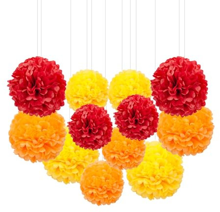 Rot Orange und Gelb Seidenpapier Pompons,Rot Orange und Gelb Papier Blume für Hochzeit,Geburtstag,Party(12 Stück)